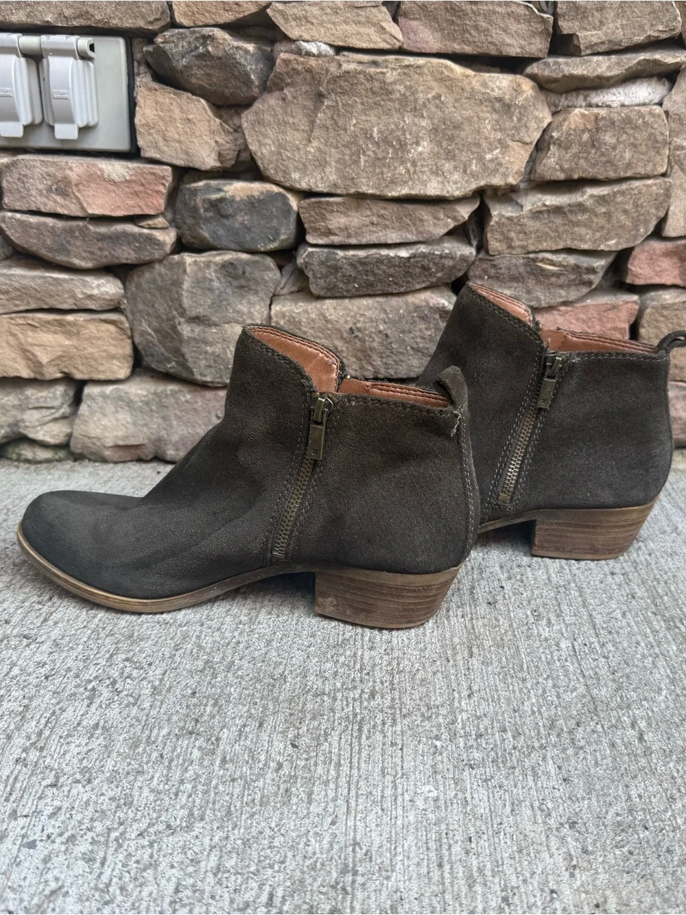 Lucky Brand Dark Olive Suede Ankle Booties with Side Zip